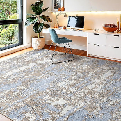 WITSHOCK Abstract Dining Room Rugs for Under Table: 7x9 Washable Blue Area Rug for Living Room, Low Pile Non-Slip Rugs for Bedroom Under Bed - Neutral Modern Decor & Stain Resistance - Blue/Multi