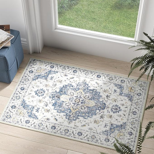 jinchan Area Rug 2x3 Vintage Entryway Rug Washable Boho Indoor Doormat Floral Medallion Small Door Mat Non Slip Retro Soft Thin Classic Carpet for Kitchen Bathroom Bedroom Blue