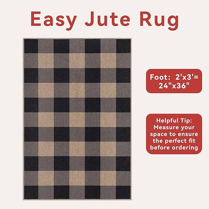 Tangsoo Checkered Easy Jute Rug, 2x3 Washable Ultra Thin Rug for Entryway Non-Slip Black Grey Outdoor Rug,Modern Front Door Mat Carpet for Kitchen Bedroom Porch Doorway