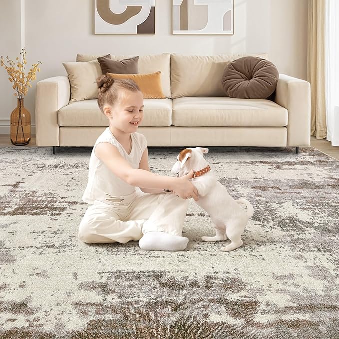 9x12 Area Rug Living Room Rugs - Washable Neutral Modern Abstract Soft Thin Rug Indoor Floor No Slip Rug Carpet for Bedroom Under Dining Table Home Office Decor - Brown/Grey/Beige