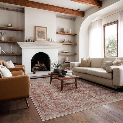 Kuden 4x6 Area Rug, Machine Washable Area Rug with Non-Slip Backing, Vintage Style, Soft, Easy Clean, Low Pile Rug for Living Room, Bedroom, Dining Room