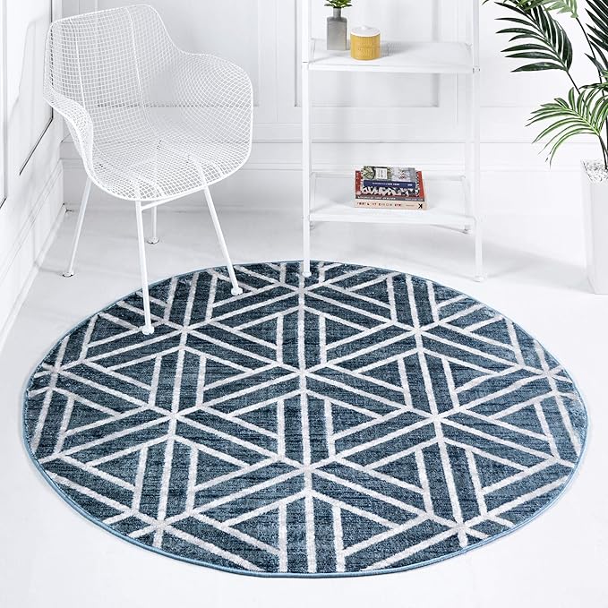 Rugs.com Lattice Trellis Collection Rug – 3 Ft Round Blue Low-Pile Rug Perfect for Kitchens, Dining Rooms