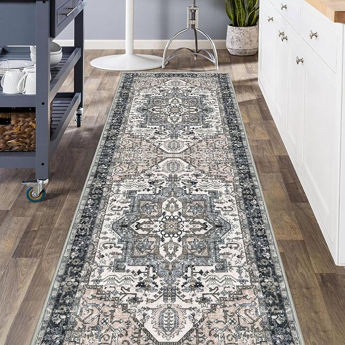KOZYFLY Boho Runner Rug 3x8 Ft Washable Hallway Rug Faux Wool Printed Long Floor Carpet for Entryway Bedroom Kitchen Living Room Indoor Soft Durable Design, Black/Taupe/Beige