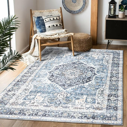 Area Rug 9×12, Large Vintage Boho Rug,Ultra-Soft Low Pile, Washable, Non Slip,Stain Resistant, Printed Carpet for Living Room Bedrooms Playroom Office Kitchen, Light Blue