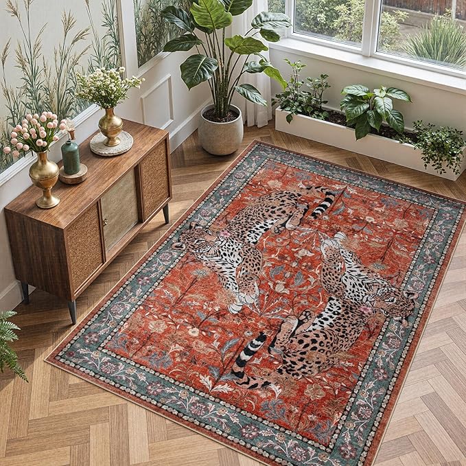 Moynesa Leopard 5x7 Area Rug, Boho Washable Living Room Rug, Non Slip Rugs for Bedroom, Ultra Thin Vintage Soft Stain Resistant Throw Floor Carpet for Office Dining Room, Rust