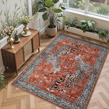 Moynesa Leopard 5x7 Area Rug, Boho Washable Living Room Rug, Non Slip Rugs for Bedroom, Ultra Thin Vintage Soft Stain Resistant Throw Floor Carpet for Office Dining Room, Rust