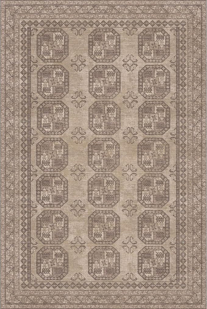 Kuden 10x14 Large Area Rug, Machine Washable Area Rug with Non-Slip Backing, Vintage Style, Soft, Easy Clean, Low Pile Rug for Living Room, Bedroom, Dining Room