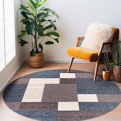 Rugshop Modern Boxes Design Non-Slip (Non-Skid) Round Area Rug for Living Room, Entryway,Kitchen,Breakfast Nook 8' Blue
