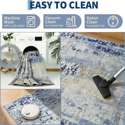 Ompaa Living Room Rug 5x8 Ultramarine Area Rug Machine Washable Boho Rug Non Slip Abstract Vintage Indoor Large Rugs for Bedroom, Classroom, College Dorm, Farmhouse, Dining Room, Kids Playroom