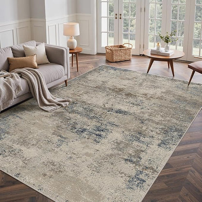GENIMO Washable 5x7 Area Rugs for Living Room, Non Slip Modern Abstract Rug, Machine Washable Stain Resistant Low Pile Soft Carpet for Bedroom, Dining, Office, Grey Beige