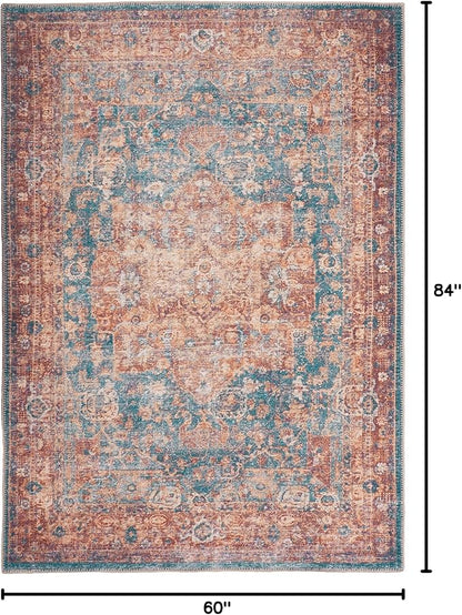 GLN Rugs Traditional Collection - Machine Washable Area Rug, Traditional Washable, Non Slip, Low Pile Chenille Rug, Living Room, Bedroom, Kitchen Rug (5' x 7' Terra/Green)