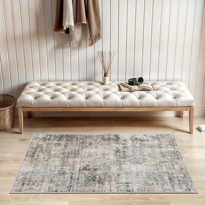 2x3 Abstract Washable Rugs for Kitchen, Floor, Entryway, Powder Room Small Area Rug Non-Slip Vintage Low Pile Throw Door Mat Pink Grey