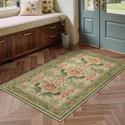 Bavni 4x6 Area Rugs, Floral Machine Washable Rugs for Living Room, Dinning Room, Bedroom, Non Slip Aesthetic Vintage Low Pile Durable Lightweight Farmhouse Rug, Sage Green & Burnt Orange