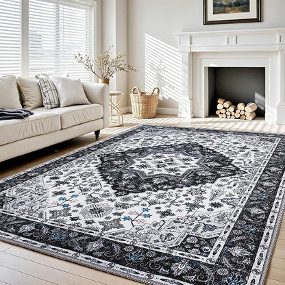 Washable Rug 9x12,Boho Vintage Oriental Washable Rugs,Collapsible Area Rug for Bedroom, Entryway, Kitchen, Bathroom