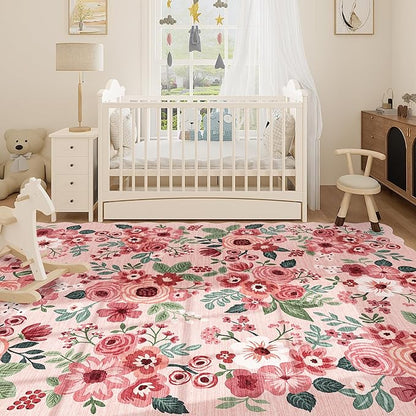 DUKINO 8x10 Area Rug, Floral Washable Rugs for Living Room with Non Slip Backing & Non-Shedding, Lightwight Low Pile Boho Design Large Carpets for Bedroom, Living Room, Dining Room, Pink