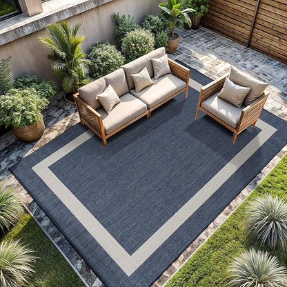 CAMILSON Outdoor Rug 6x9, Modern Outside Rugs for Patios Porches Waterproof Durable Washable Non-Shedding, Easy-to-Clean Indoor Outdoor Area Carpet (6 x 9, Bordered - Blue/White)