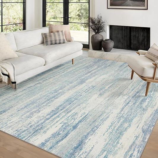 MUJOO 6x9 Area Rugs Washable,Modern Abstract Rugs for Living Room Bedroom Dining Room,Large Non Slip Throw Carpet Indoor,Low Pile Accent Neutral Blue