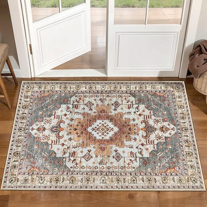 Tangsoo Vintage Rug 2x3 Washable for Entryway, Non Slip Small Area Rug, Indoor Front Door, Print Distressed Turmeric Door Mat Carpet, Soft Low Pile Rugs for Entrance Kitchen Bedroom Bathroom