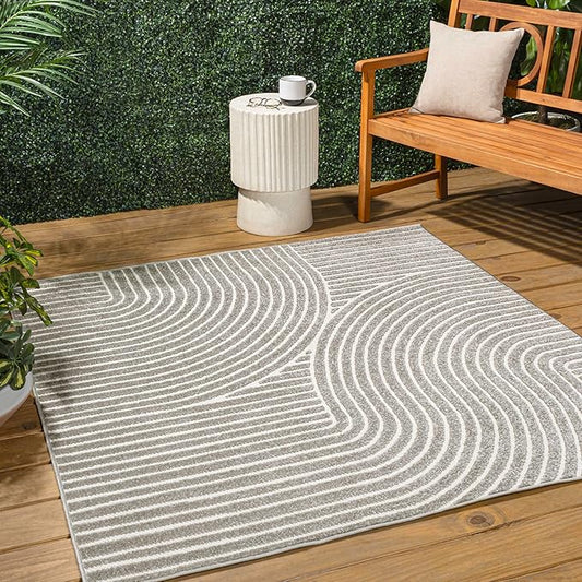 JONATHAN Y Hallie High-Low Curve Gray/Ivory 8x8 Square Indoor/Outdoor Area Rug, Minimalist, Pet Friendly, Non-Shedding, Stain Resistant, Hose-Washable for Backyard, Patio, Porch (SCN100A-8SQ)