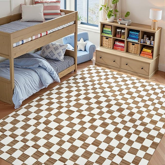 jinchan 8x10 Brown Checkered Area Rugs for Kids Room - Machine Washable Rug Modern Neutral Geometric Lattice Soft Non-Slip Carpet for Nursery Playroom Classroom Living Room Bedroom Dining Room