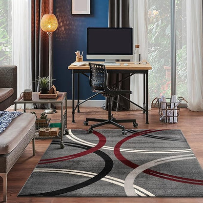 Rugshop Modern Wavy Circles Design Non-Shedding Square Rug, Carpet for Dining Room or Living Room, Red, 6'6" x 6'6"