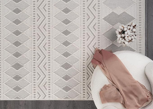 CAMILSON Micro Loop Rug 4x6 Modern Luxury Geometric Boho Diamond Area Rugs Soft High and Low Pile Stain Resistant Easy-Cleaning Non-Shedding for Living Room Office Indoor Carpet (4 x 6 / White - Gray)