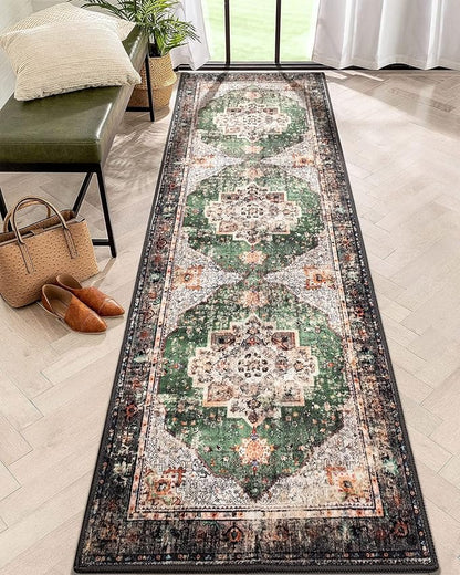 2x8 Runner Rug Green Boho Area Rugs for Hallway Indoor Laundry Room Bathroom Lightweight Non Slip Vintage Rug Washable Retro Distressed Carpet
