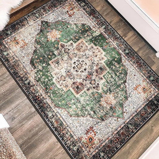 2x3 Small Rugs for Entryway, Green Boho Area Rug for Bathroom Throw Hallway Vintage Kitchen Rugs Non Slip Washable, Indoor Entrance Floor Carpet