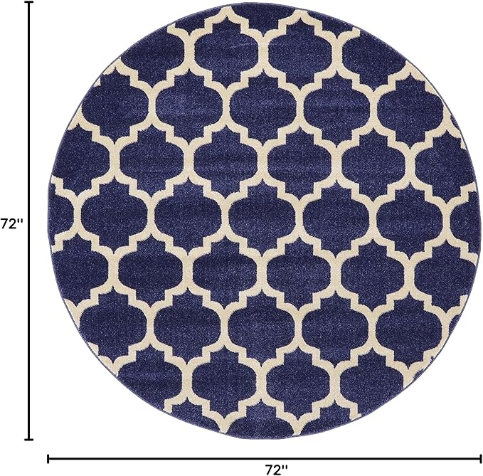 Rugs.com Lattice Collection Rug – 6 Ft Round Dark Blue Medium Rug Perfect for Kitchens, Dining Rooms