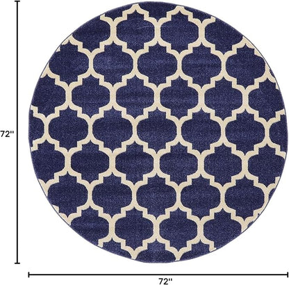 Rugs.com Lattice Collection Rug – 6 Ft Round Dark Blue Medium Rug Perfect for Kitchens, Dining Rooms