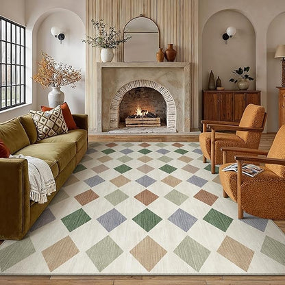 6x9 Checkered Area Rugs for Living Room Colorful Machine Washable Large Rug Non-Slip Stain Resistant Low Pile Boho Accent Indoor Throw Carpet for Bedroom Dining Room Classroom
