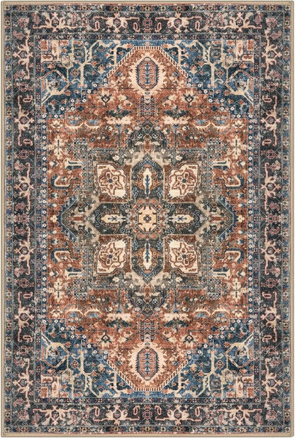 KOZYFLY Small Area Rug 2x3 Ft Rugs for Entryway Washable Boho Entry Rug Non Slip Door Mat Indoor Entrance Faux Wool Vintage Printed Kitchen Rug Throw Rugs for Entrance Kitchen, Red/Navy Blue/Brown