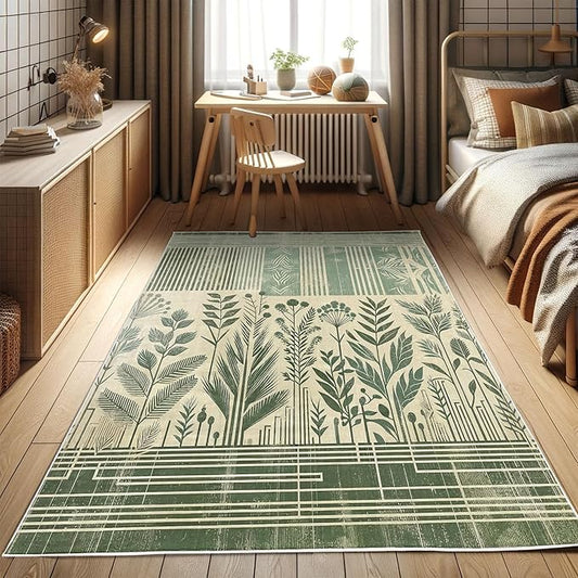 Ambesonne Leafy Design Decorative Rug, Boho Silhouettes of Jungle Leaves Grungy Stripes on Creamy Back, Quality Carpet for Bedroom Dorm and Living Room, 2' 2" x 3' 7", Laurel Green Champagne