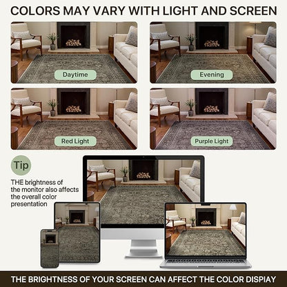 9x12 Area Rug Machine Washable Boho Rug for Living Room,Ultra-Thin Low Pile Carpet,Lightweight Indoor Printed Rug,Non Slip Floral Area Rug for Bedroom, Dining Room, Home Office,Vintage Sage Green