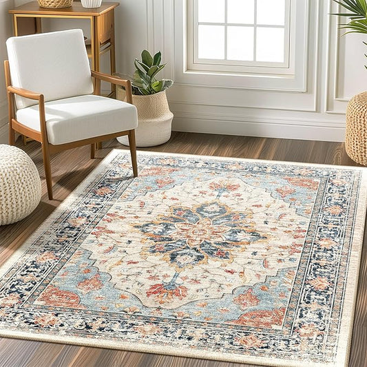 Area Rugs Square 4ft Washable Non-Slip, Floral Vintage Distress Print Pattern Medallion Carpet for Living Room Bedroom Dining Room, Beige Navy Blue Orange Colorful