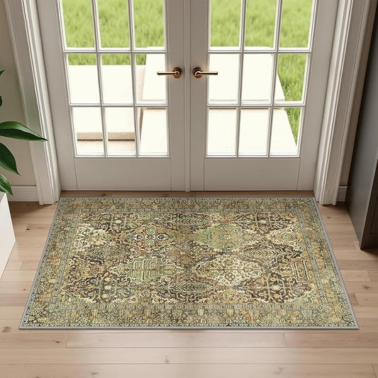 GENIMO Area Rug 2x3 Doormat, Machine Washable Low Pile Rugs, Small Retro Chenille Entryway Mat for Entrance, Hallway, Kitchen and Corridor, Bronze Olive