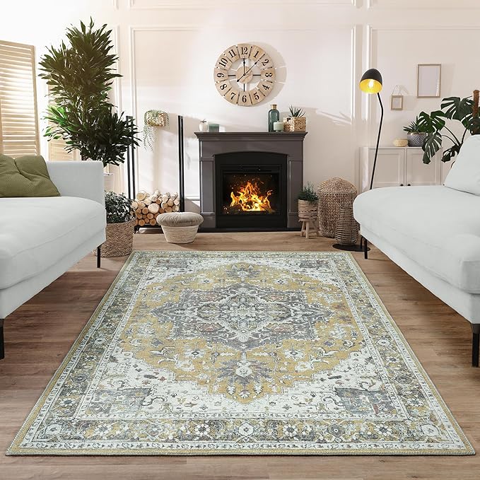 Bloom Rugs Washable Non-Slip 8' x 10' Rug - Yellow Traditional Medallion Area Rug for Living Room, Bedroom, Dining Room, and Kitchen - Exact Size: 8' x 10'