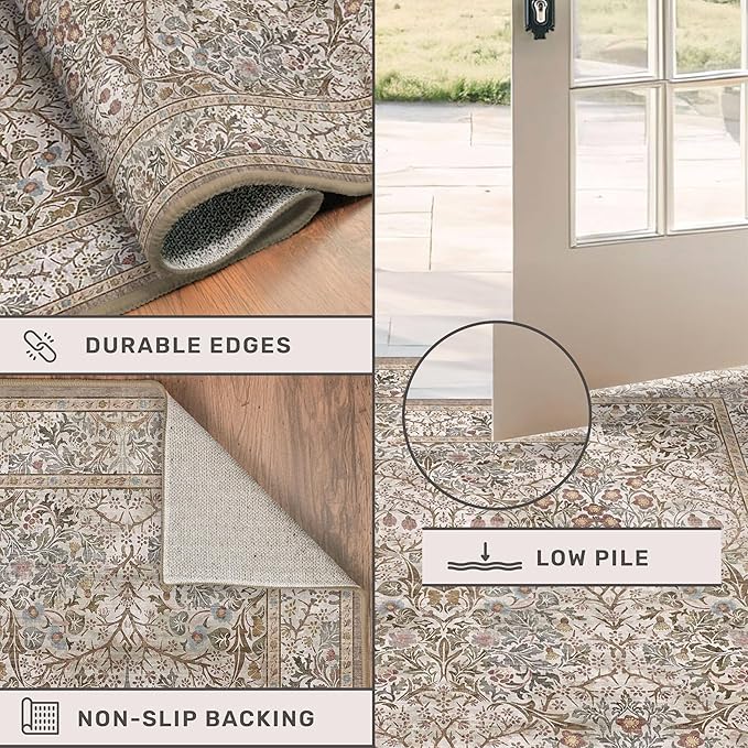Non Slip 2x7 Moss Green Hallway Runner - Long Runner Rugs for Bathroom, Washable Kitchen Floor Mat, Bedroom Bedside - Brown Earthy Vintage Floral Décor