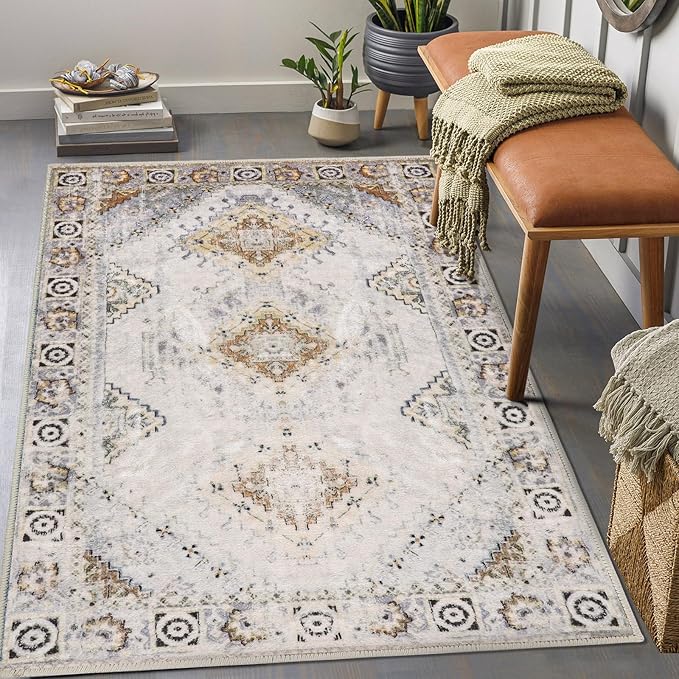 COMSLE Area Rug 3x5 Faux Wool Rugs for Kitchen, Boho Washable Throw Rugs Non-Slip Distressed Carpet Soft Accent Floor Rug for Bedroom, Living Room, Laundry Room (Khaki)