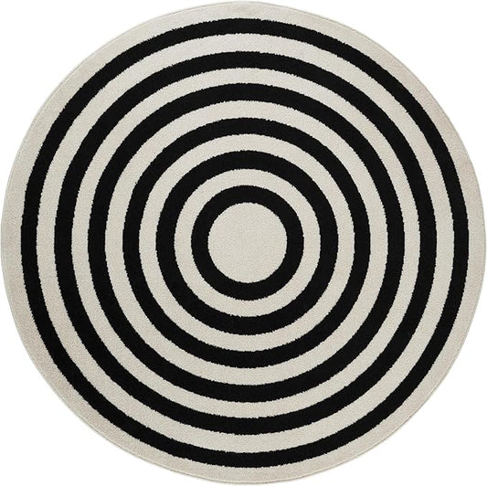 Abani Contemporary Blue & Ivory 6' Round Area Rug, Contrasting Geometric Modern Stripe Symmetrical Living Room Carpet Rugs