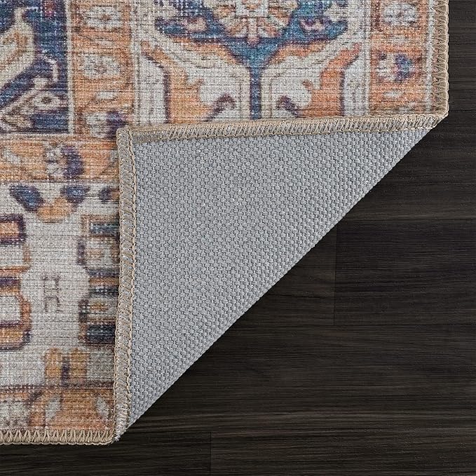 Bloom Rugs Washable 4' x 6' Rug - Orange/Blue/Beige Traditional Area Rug for Living Room, Bedroom, Dining Room, and Kitchen - Exact Size: 4' x 6'