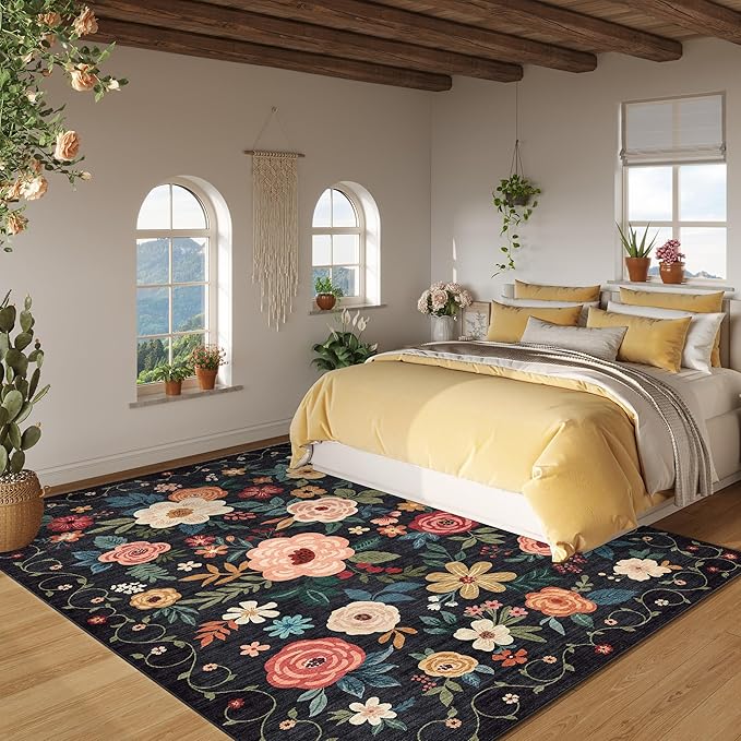 DUKINO 8x10 Area Rug, Floral Rugs for Living Room, Lightweight Non Slip Washable Rug, Indoor Low Pile & Non-Shedding Boho Design Rugs for Bedroom, Living Room, Dining Room, Black
