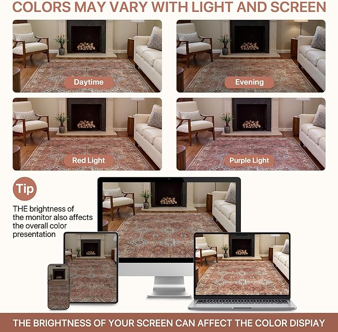 Bavni 3x5 Area Rugs for Living Room, Machine Washable Rug Non Slip, Vintage Chenille Distressed Print Carpet, Large Low Pile Ultra-Thin Lightweight Rugs for Bedroom, Dining Room, Office, Spice Sky
