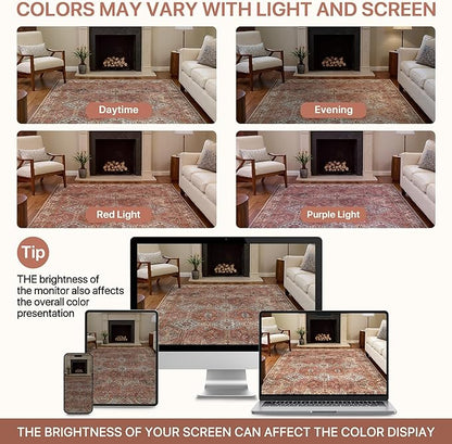 Bavni 3x5 Area Rugs for Living Room, Machine Washable Rug Non Slip, Vintage Chenille Distressed Print Carpet, Large Low Pile Ultra-Thin Lightweight Rugs for Bedroom, Dining Room, Office, Spice Sky