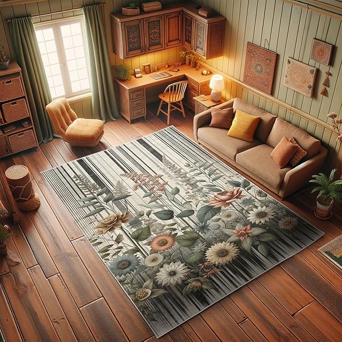 Ambesonne Botanical Decorative Rug, Nostalgic Garden Pattern with Flowers and Leaves on Retro Stripes, Quality Carpet for Bedroom Dorm and Living Room, 2' x 5', Sage Green and Salmon