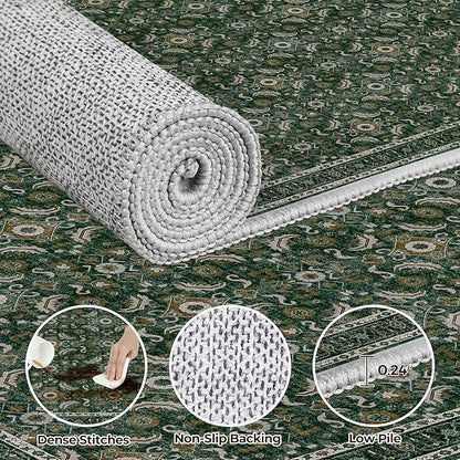 WITSHOCK Living Room Area Rugs 12x15: Soft Non-Slip Backing Washable Rugs Vintage Large Carpet for Bedroom Office Dining Room Kitchen Stain Resistant Home Decor Rug, Dark Green