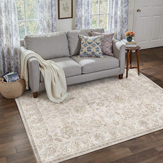 HUGEAR 3x5 Machine Washable Area Rugs Vintage Grey - Neutral Non Slip Stain Resistant Low Pile Aesthetic Throw Carpet Kids & Pet Friendly for Living Room Kitchen Dining Room Laundry