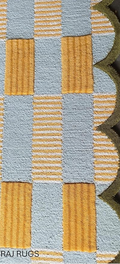 Handmade Scalloped Wool Area Rug - Modern Geometric Pattern, Green-Beige Stripes, Checkered Chevron Design - Soft, Durable Thick Carpet for Living Room, Bedroom (Gold, 8' x 10')