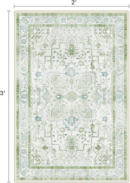Area Rug 2x3 Doormat, Machine Washable Low Pile Vintage Rugs, Small Lightweight Rug Entryway Indoor Mat for Entrance, Hallway, Kitchen and Corridor, Cream Green