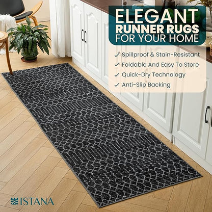 Istana Hallway Runner Rug 2.5x8 - Black Kitchen Rugs Non Slip Washable -Silk's Soft Touch Carpet Runner - Stylish Rugs for Home